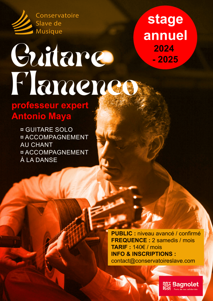 affiche d'information pour le stage annuel de guitare flamenco dirigé par Antonio Maya au Conservatoire Slave de Musique à Bagnolet